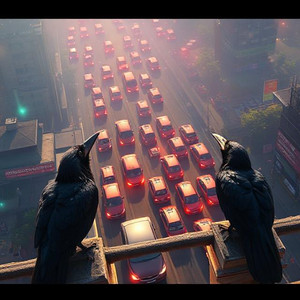 three-crows-looking-down-from-top-of-building-at-traf